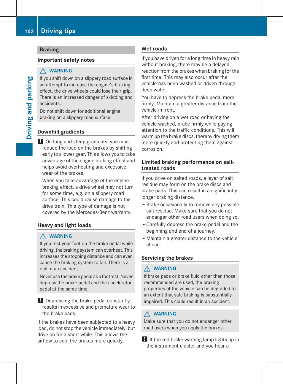 Braking, Driving and parking, Driving tips | Mercedes-Benz CLS-Class 2013 Owners Manual User Manual | Page 164 / 376