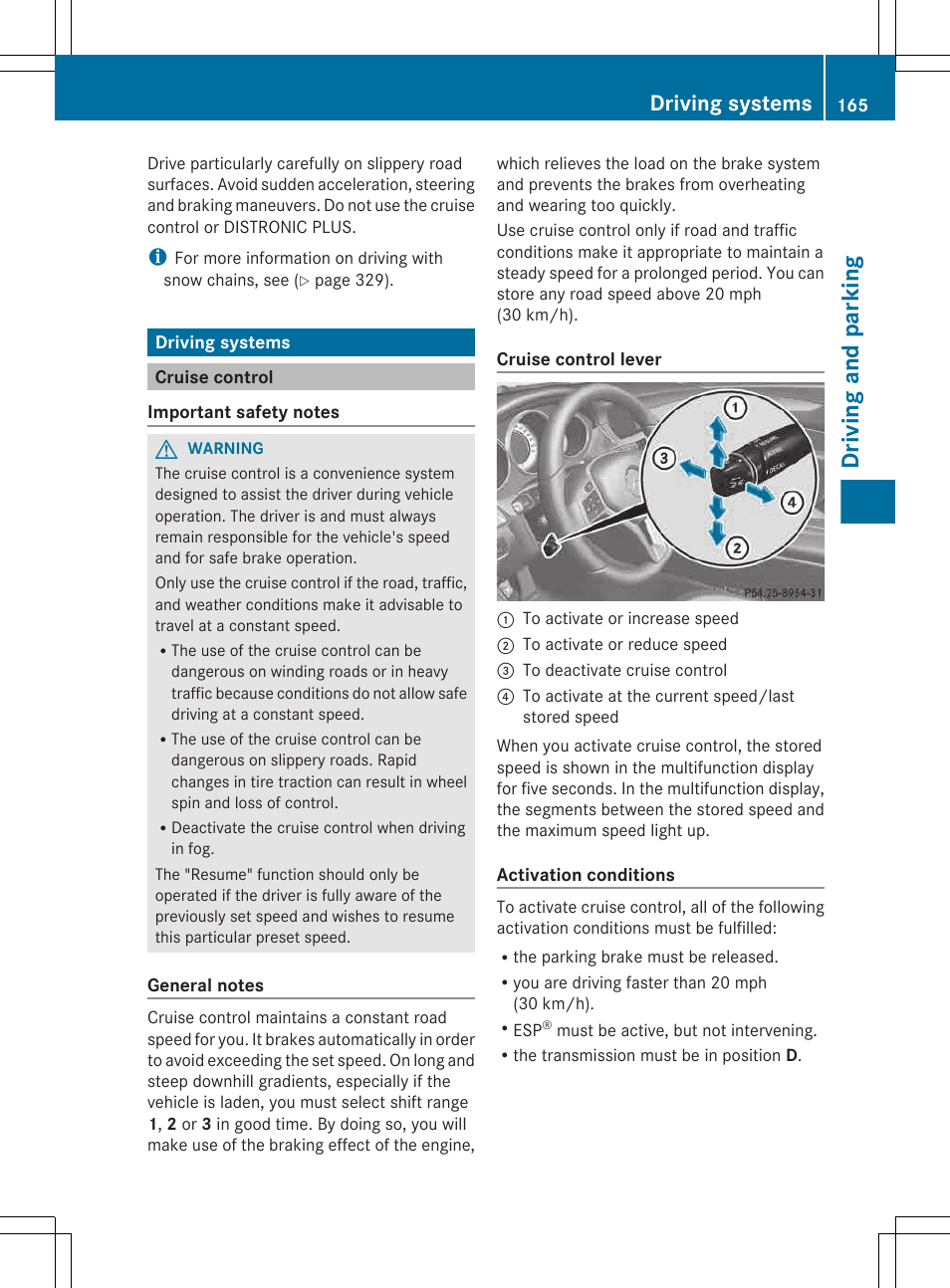Driving systems, Cruise control, Driving and parking | Mercedes-Benz CLS-Class 2013 Owners Manual User Manual | Page 167 / 376