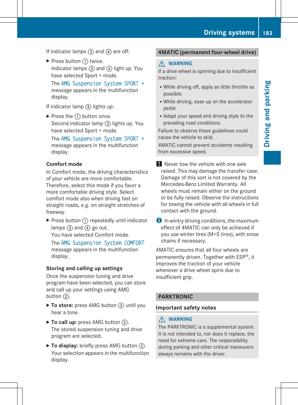 4matic (permanent four-wheel drive), Parktronic, Driving and parking | Driving systems | Mercedes-Benz CLS-Class 2013 Owners Manual User Manual | Page 185 / 376