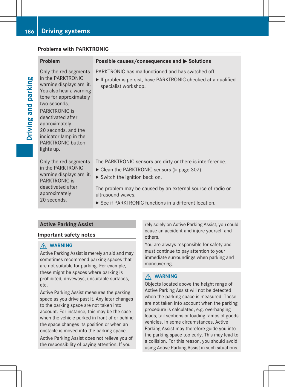 Active parking assist, Driving and parking, Driving systems | Mercedes-Benz CLS-Class 2013 Owners Manual User Manual | Page 188 / 376