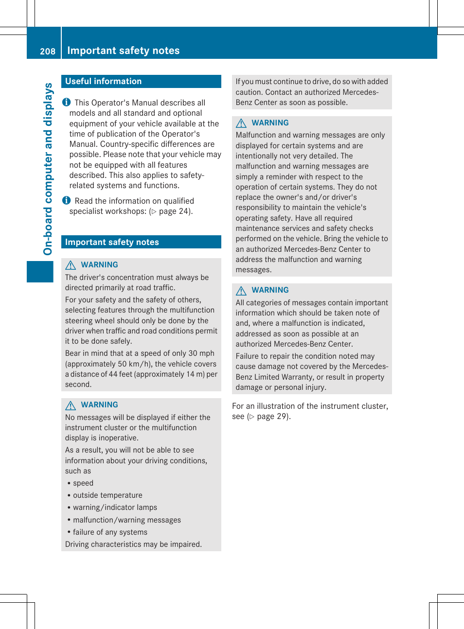 On-board computer and displays, Useful information, Important safety notes | Mercedes-Benz CLS-Class 2013 Owners Manual User Manual | Page 210 / 376