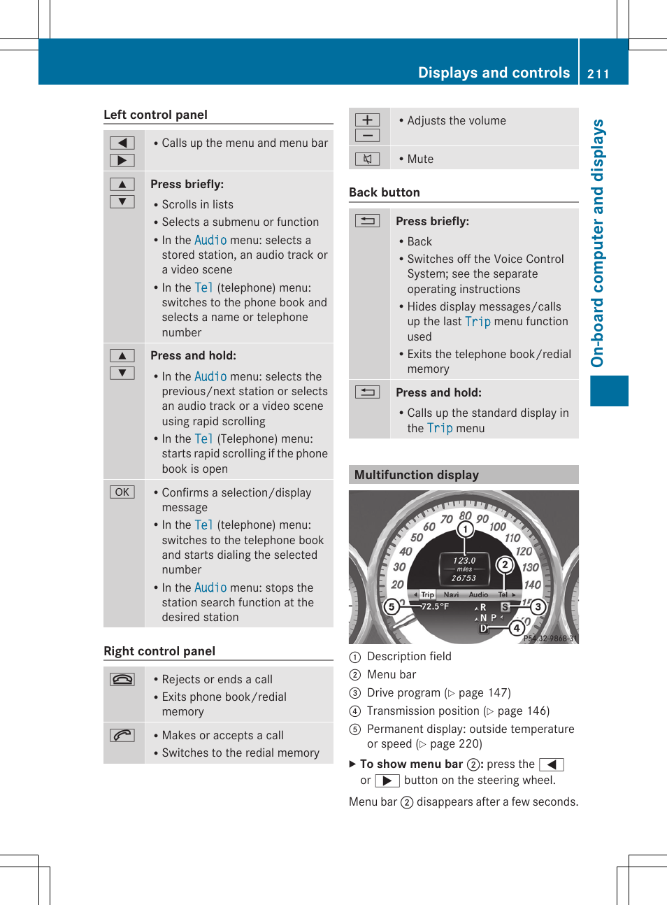 Multifunction display, On-board computer and displays, Displays and controls | Mercedes-Benz CLS-Class 2013 Owners Manual User Manual | Page 213 / 376