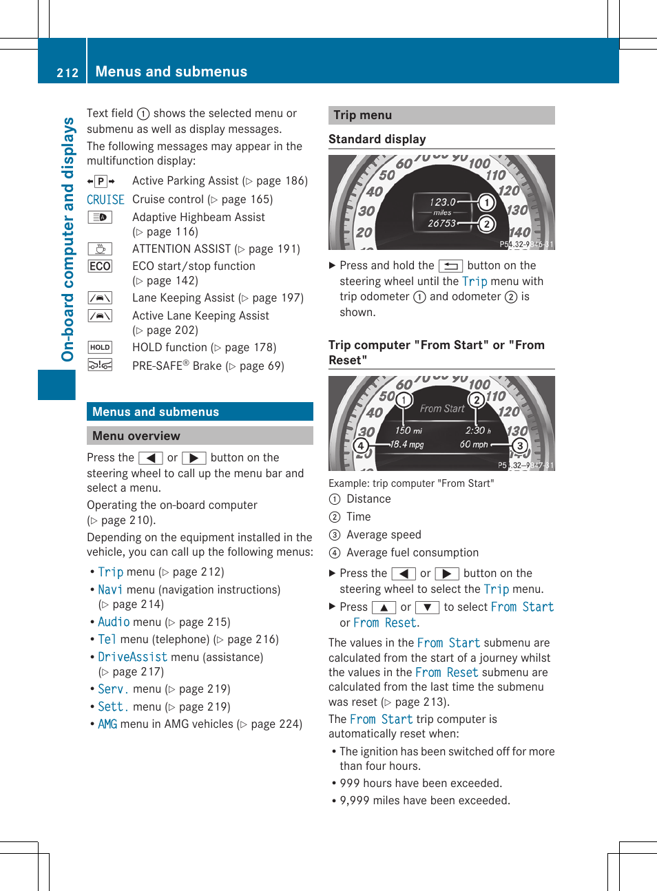 Menus and submenus, Menu overview, Trip menu | On-board computer and displays | Mercedes-Benz CLS-Class 2013 Owners Manual User Manual | Page 214 / 376