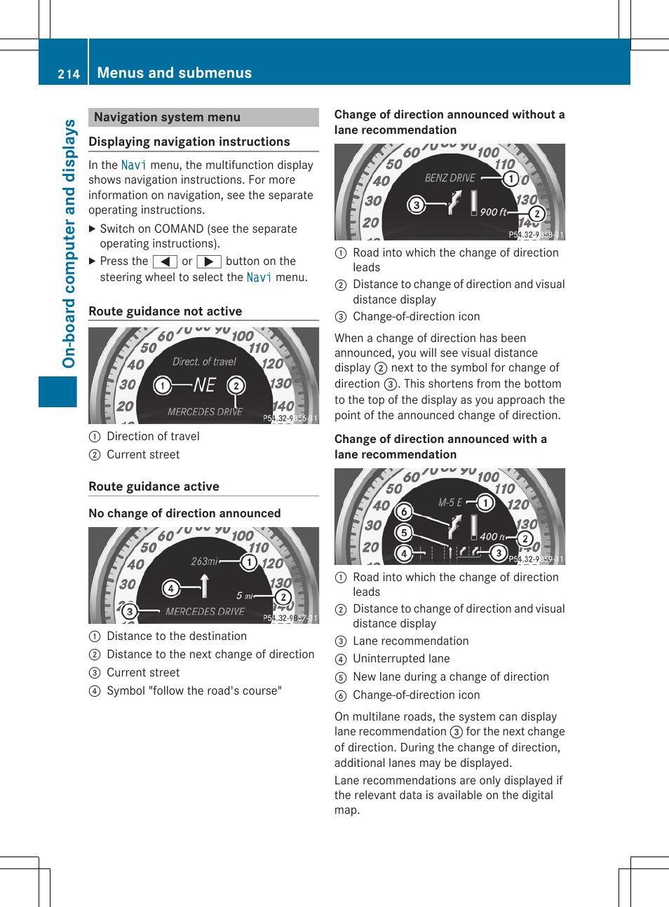 Navigation system menu, On-board computer and displays, Menus and submenus | Mercedes-Benz CLS-Class 2013 Owners Manual User Manual | Page 216 / 376
