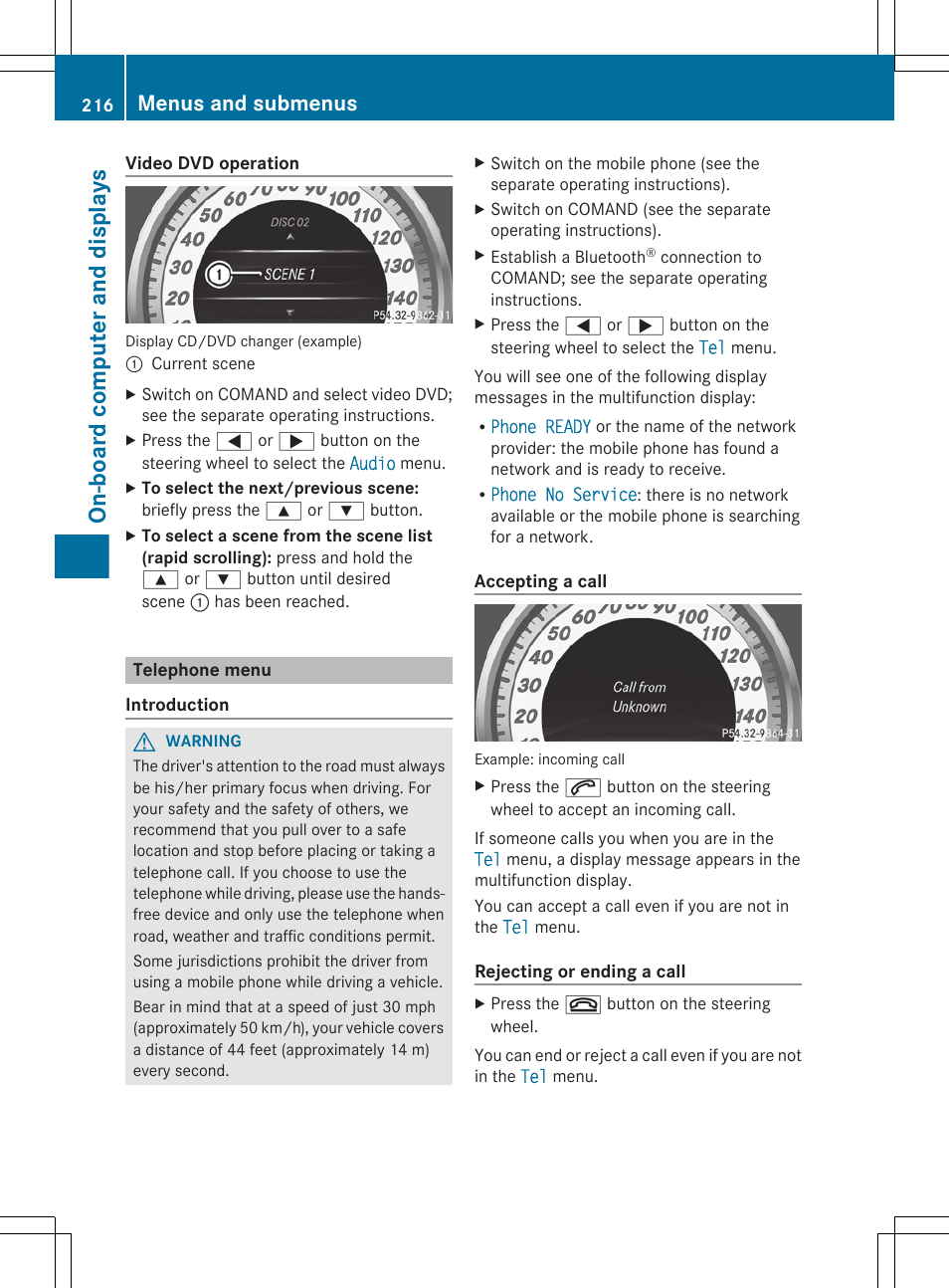 Telephone menu, On-board computer and displays, Menus and submenus | Mercedes-Benz CLS-Class 2013 Owners Manual User Manual | Page 218 / 376