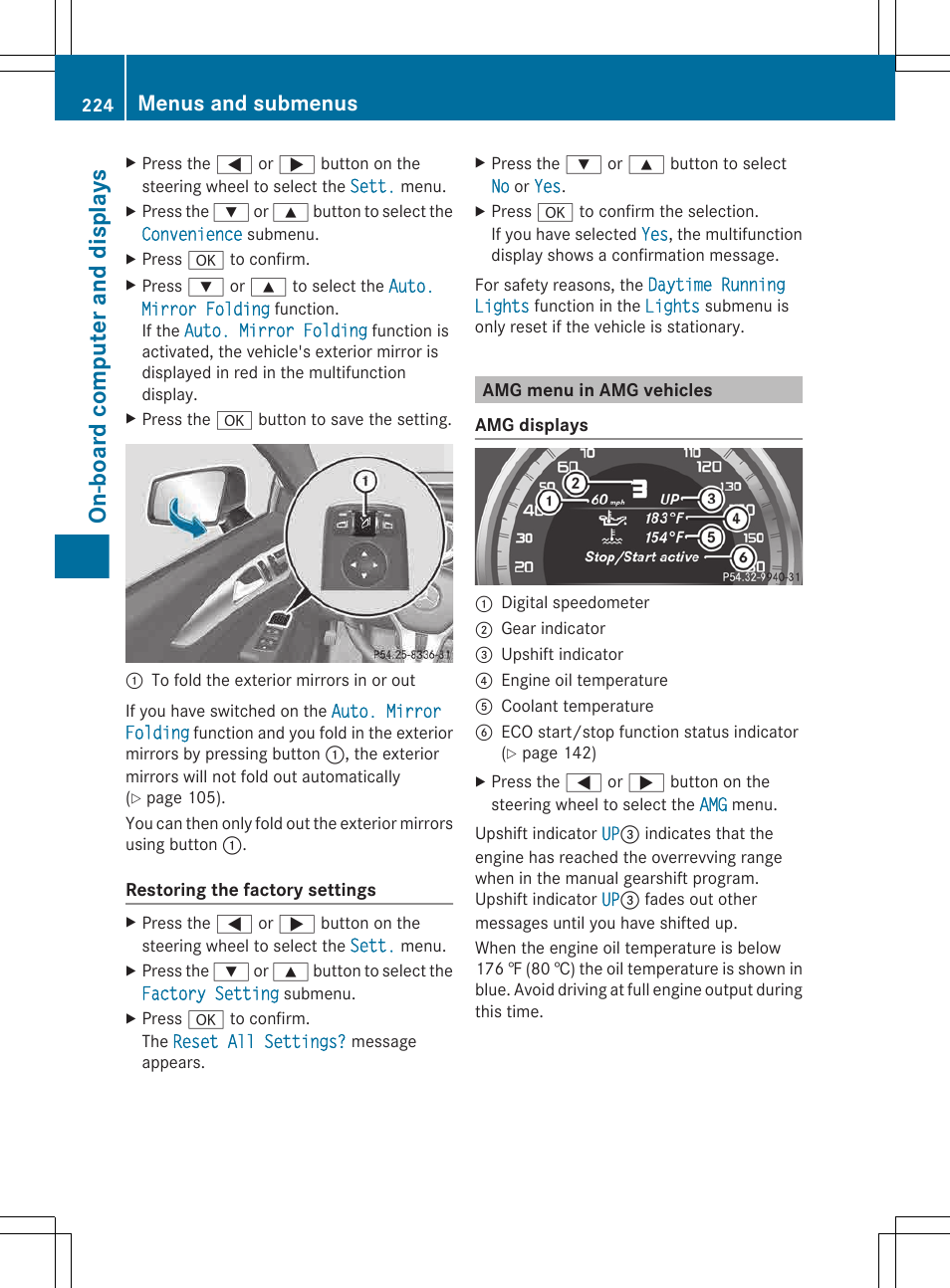 Amg menu in amg vehicles, On-board computer and displays, Menus and submenus | Mercedes-Benz CLS-Class 2013 Owners Manual User Manual | Page 226 / 376