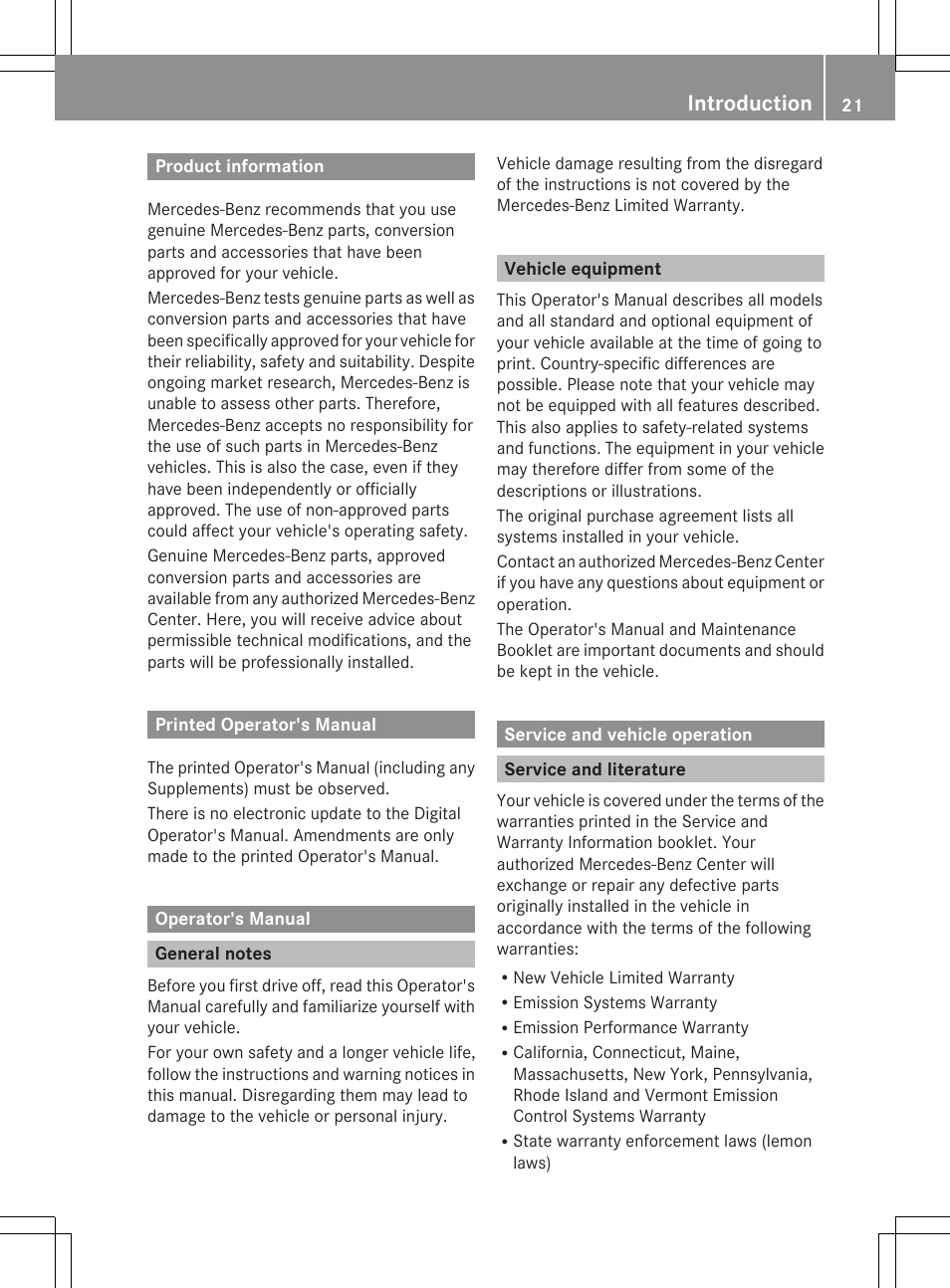 Introduction, Product information, Printed operator's manual | Operator's manual, General notes, Vehicle equipment, Service and vehicle operation, Service and literature | Mercedes-Benz CLS-Class 2013 Owners Manual User Manual | Page 23 / 376