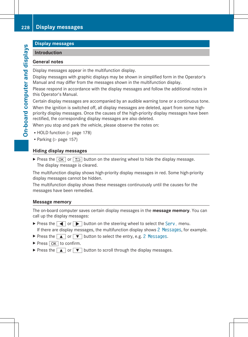 Display messages, Introduction, On-board computer and displays | Mercedes-Benz CLS-Class 2013 Owners Manual User Manual | Page 230 / 376