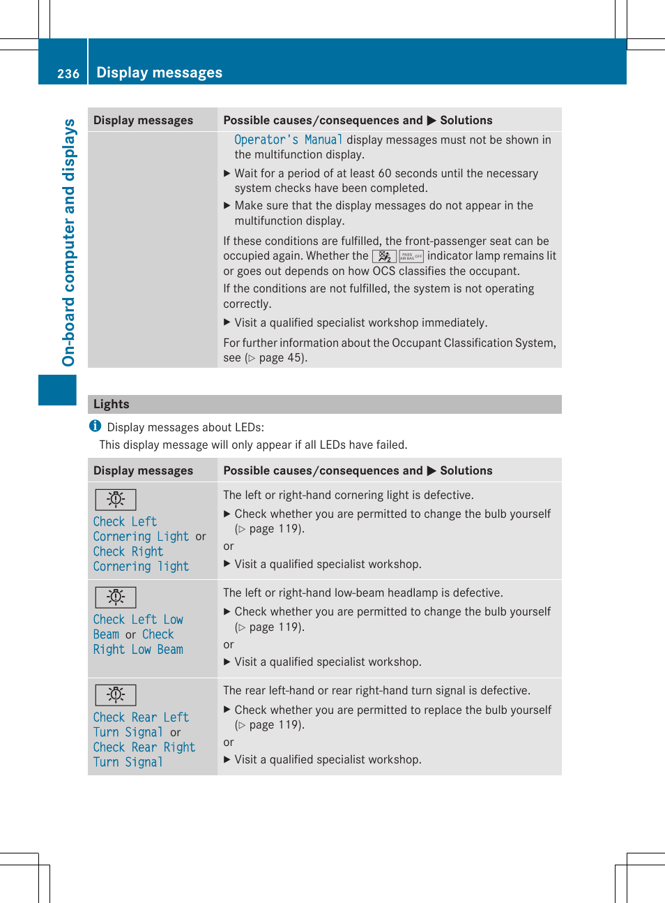 Lights, On-board computer and displays, Display messages | Mercedes-Benz CLS-Class 2013 Owners Manual User Manual | Page 238 / 376