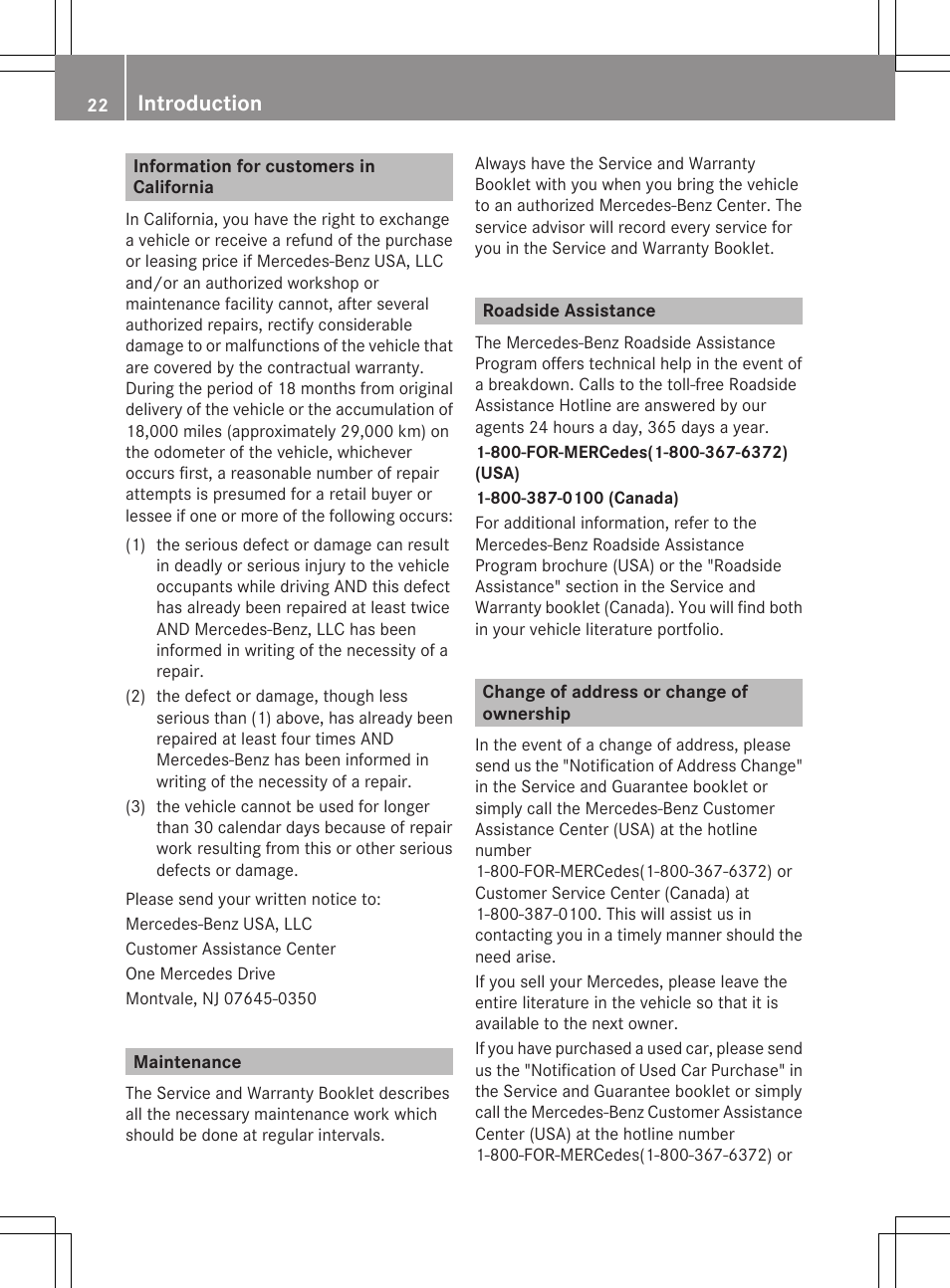 Information for customers in california, Maintenance, Roadside assistance | Change of address or change of ownership, Introduction | Mercedes-Benz CLS-Class 2013 Owners Manual User Manual | Page 24 / 376