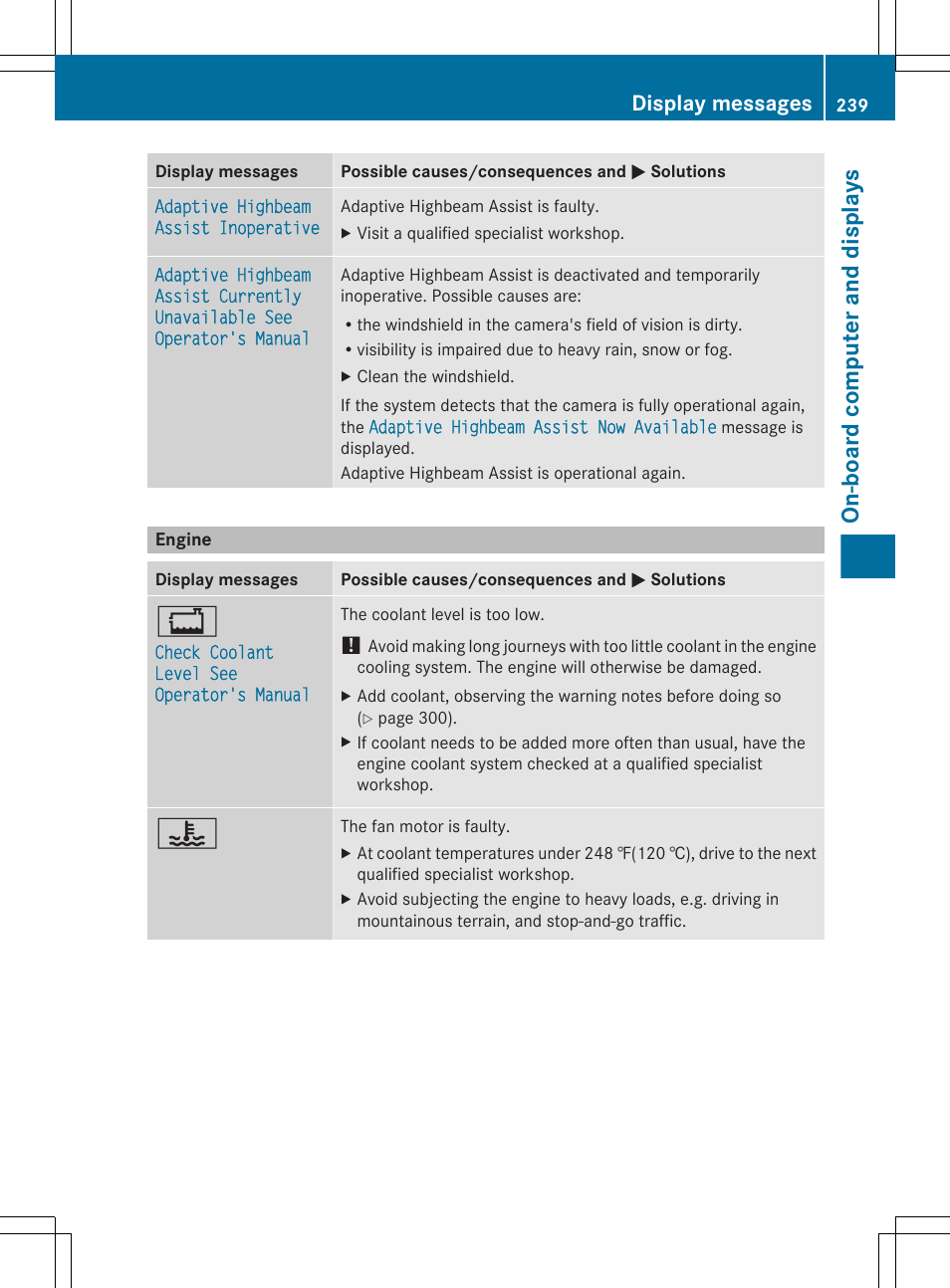 Engine, On-board computer and displays, Display messages | Mercedes-Benz CLS-Class 2013 Owners Manual User Manual | Page 241 / 376