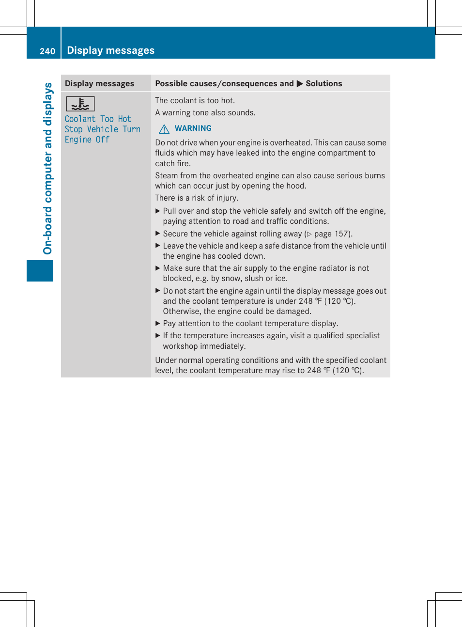 On-board computer and displays, Display messages | Mercedes-Benz CLS-Class 2013 Owners Manual User Manual | Page 242 / 376
