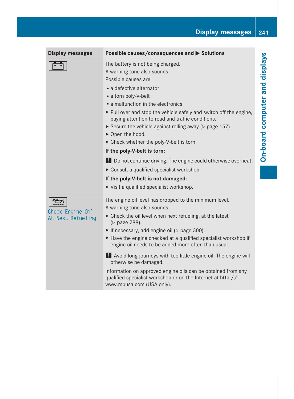 On-board computer and displays, Display messages | Mercedes-Benz CLS-Class 2013 Owners Manual User Manual | Page 243 / 376