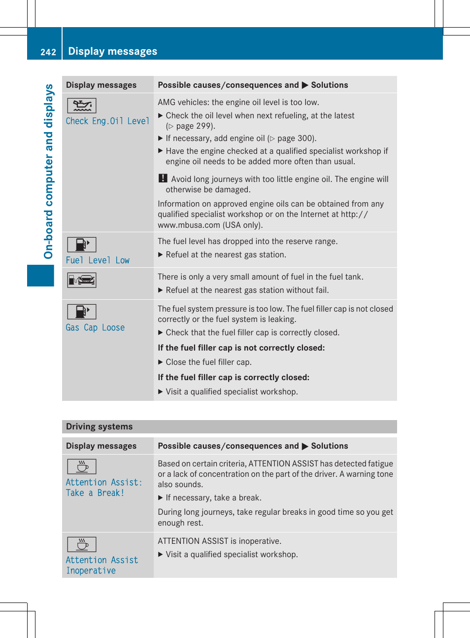 Driving systems, On-board computer and displays, Display messages | Mercedes-Benz CLS-Class 2013 Owners Manual User Manual | Page 244 / 376