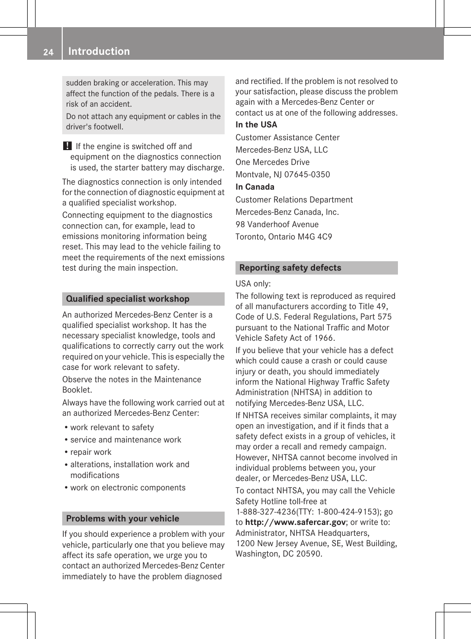 Qualified specialist workshop, Problems with your vehicle, Reporting safety defects | Introduction | Mercedes-Benz CLS-Class 2013 Owners Manual User Manual | Page 26 / 376