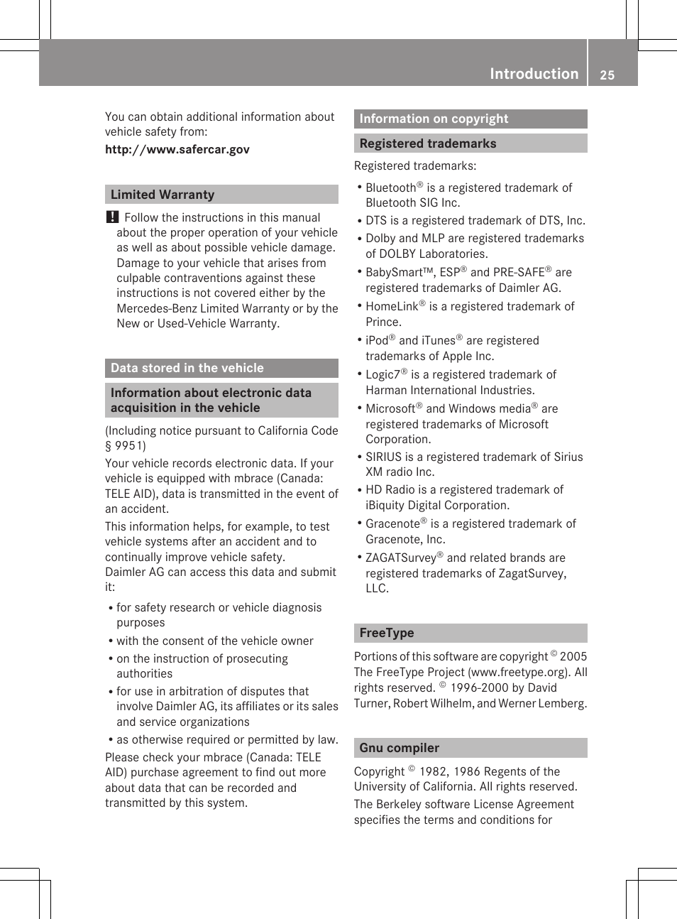 Limited warranty, Data stored in the vehicle, Information on copyright | Registered trademarks, Freetype, Gnu compiler, Introduction | Mercedes-Benz CLS-Class 2013 Owners Manual User Manual | Page 27 / 376