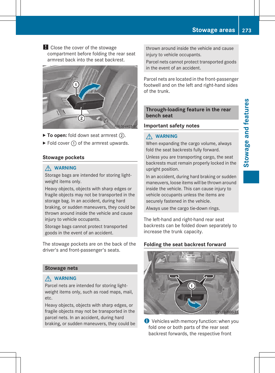 Stowage nets, Through-loading feature in the rear bench seat, Stowage and features | Stowage areas | Mercedes-Benz CLS-Class 2013 Owners Manual User Manual | Page 275 / 376