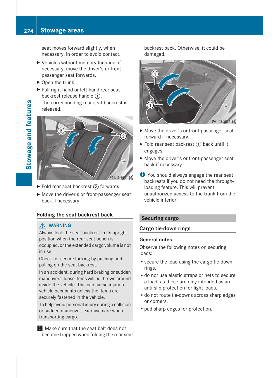 Securing cargo, Stowage and features, Stowage areas | Mercedes-Benz CLS-Class 2013 Owners Manual User Manual | Page 276 / 376