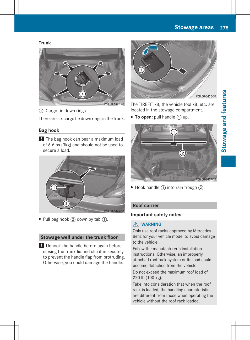 Stowage well under the trunk floor, Roof carrier, Stowage and features | Stowage areas | Mercedes-Benz CLS-Class 2013 Owners Manual User Manual | Page 277 / 376