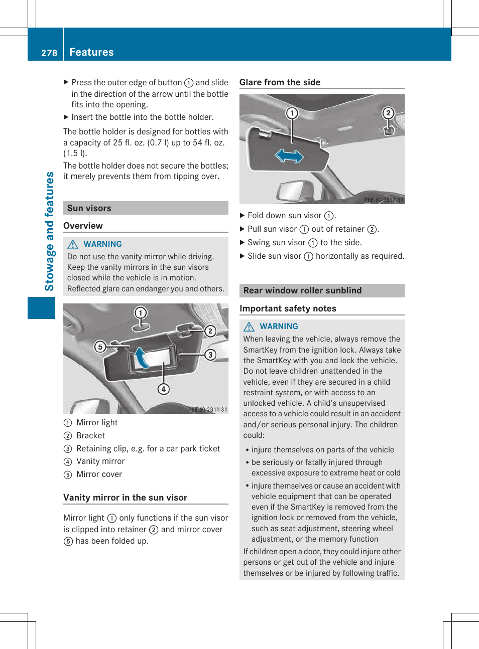 Sun visors, Rear window roller sunblind, Stowage and features | Features | Mercedes-Benz CLS-Class 2013 Owners Manual User Manual | Page 280 / 376