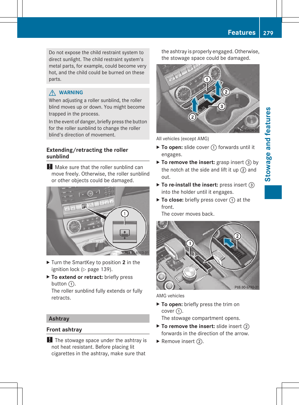 Ashtray, Stowage and features, Features | Mercedes-Benz CLS-Class 2013 Owners Manual User Manual | Page 281 / 376