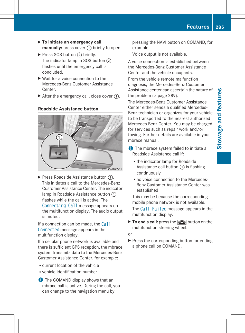 Stowage and features, Features | Mercedes-Benz CLS-Class 2013 Owners Manual User Manual | Page 287 / 376