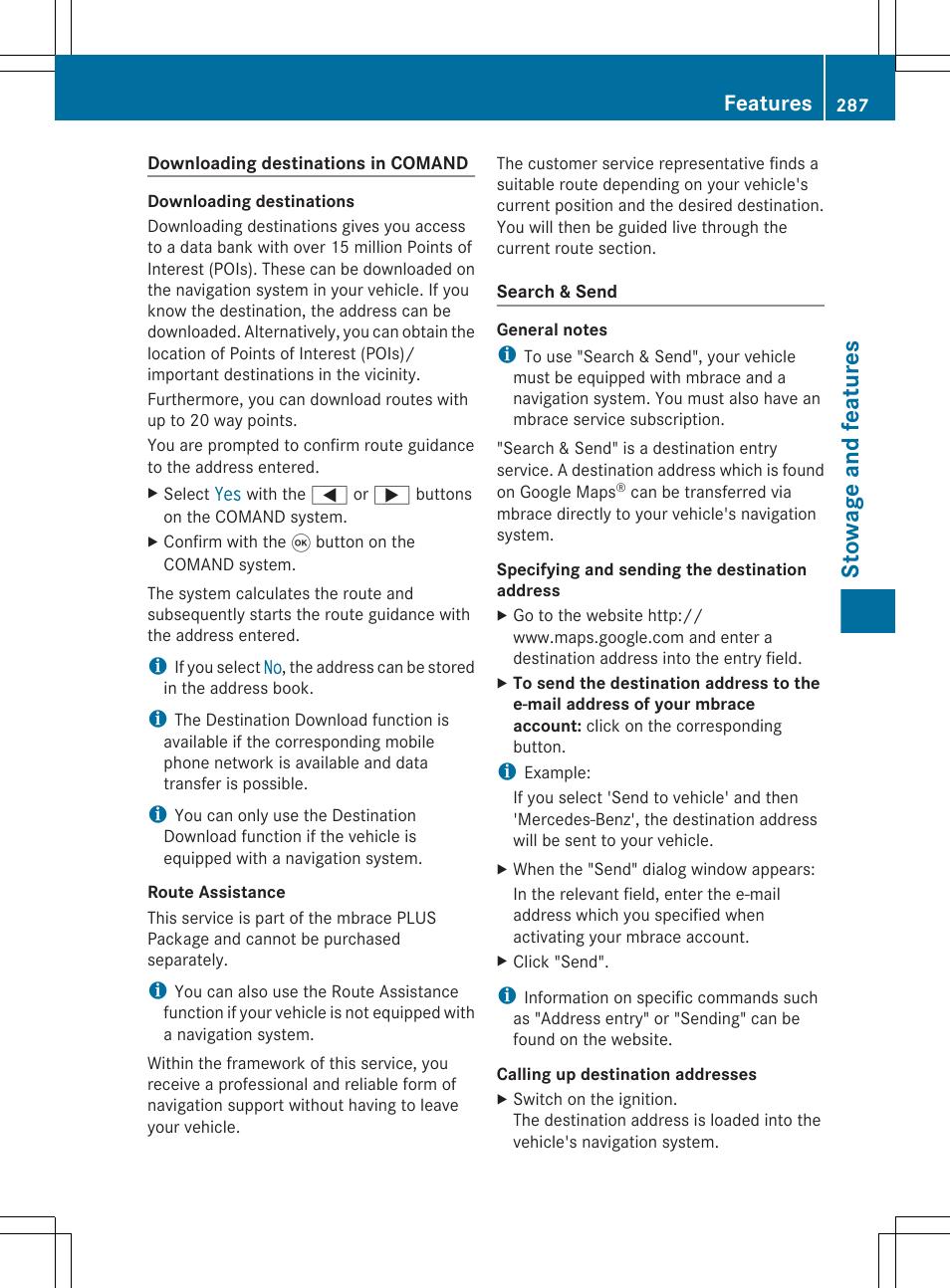 Stowage and features, Features | Mercedes-Benz CLS-Class 2013 Owners Manual User Manual | Page 289 / 376