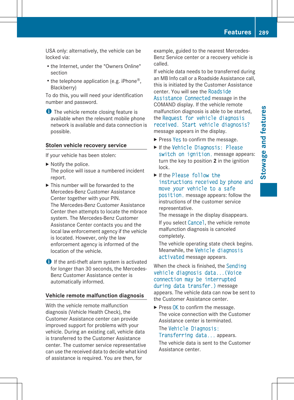 Stowage and features, Features | Mercedes-Benz CLS-Class 2013 Owners Manual User Manual | Page 291 / 376