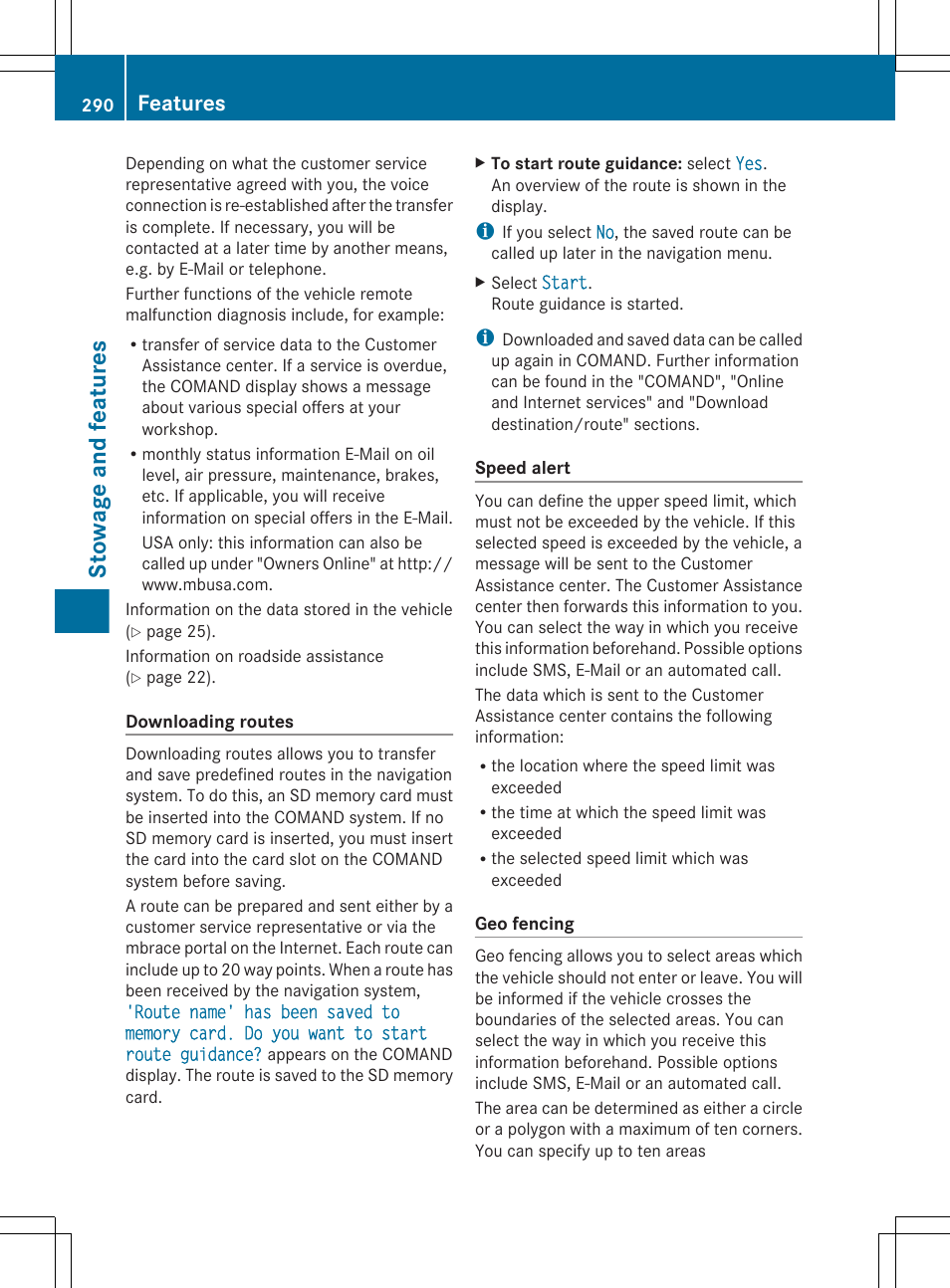Stowage and features, Features | Mercedes-Benz CLS-Class 2013 Owners Manual User Manual | Page 292 / 376