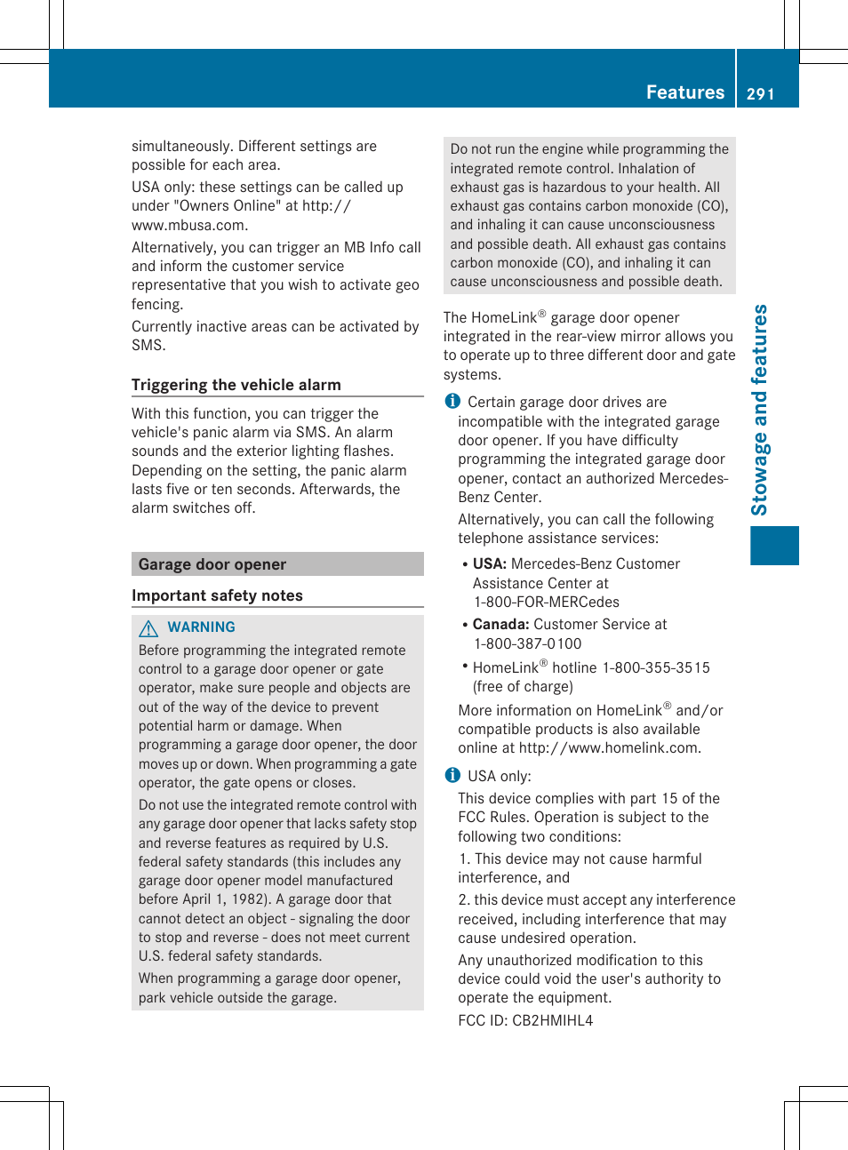 Garage door opener, Stowage and features, Features | Mercedes-Benz CLS-Class 2013 Owners Manual User Manual | Page 293 / 376