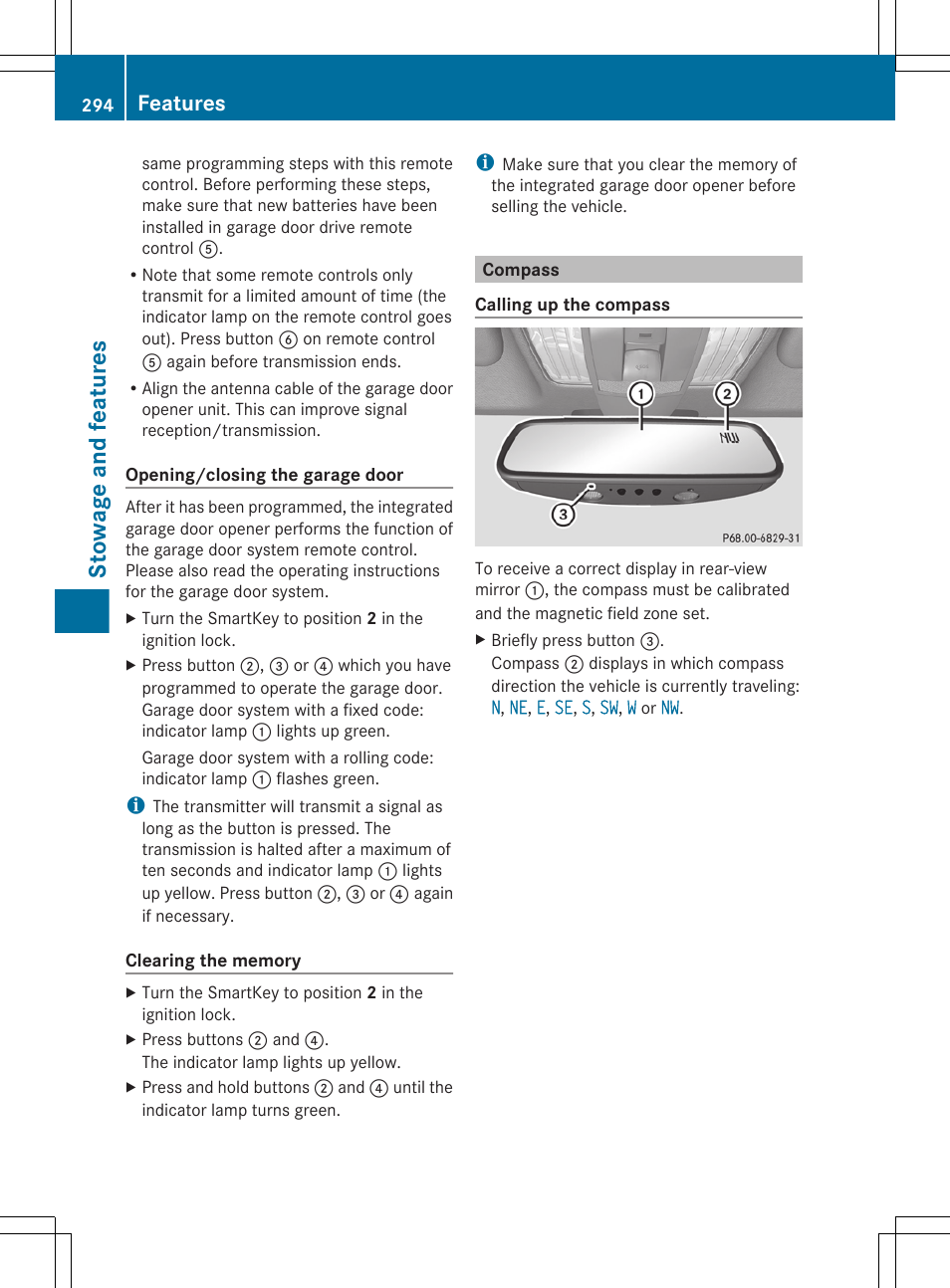 Compass, Stowage and features, Features | Mercedes-Benz CLS-Class 2013 Owners Manual User Manual | Page 296 / 376