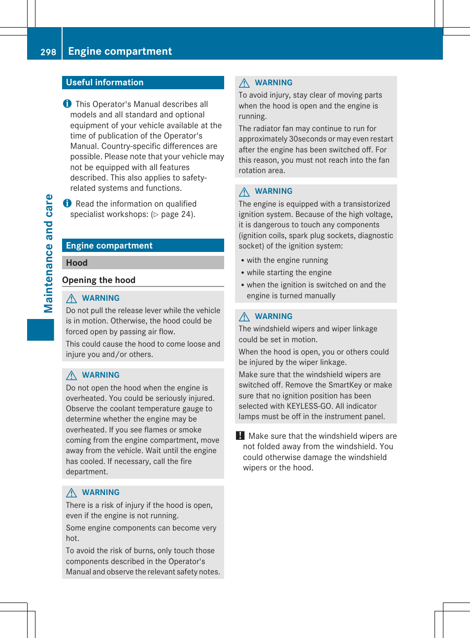 Maintenance and care, Useful information, Engine compartment | Hood | Mercedes-Benz CLS-Class 2013 Owners Manual User Manual | Page 300 / 376