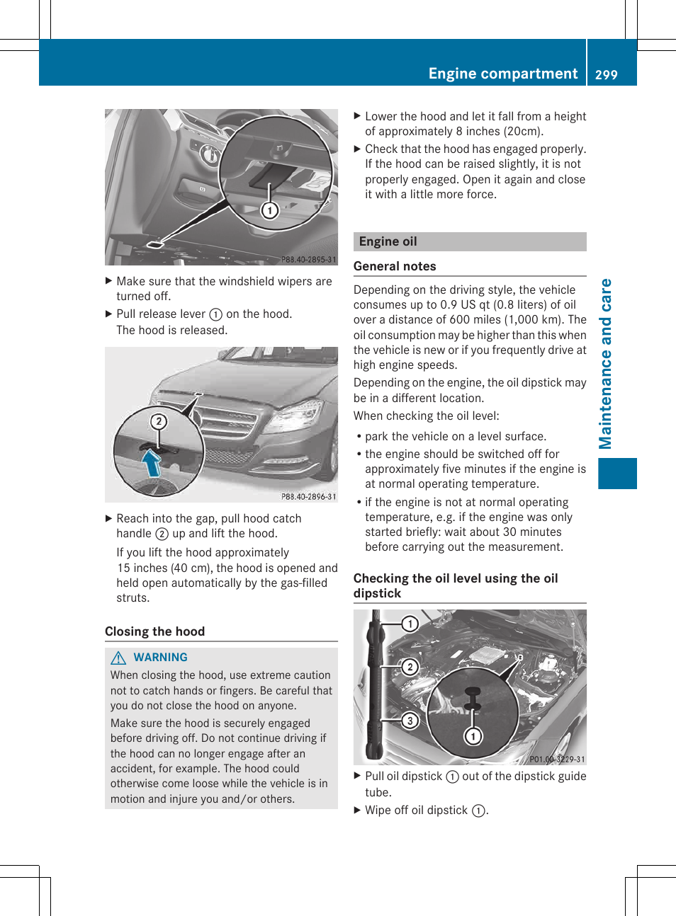 Engine oil, Maintenance and care, Engine compartment | Mercedes-Benz CLS-Class 2013 Owners Manual User Manual | Page 301 / 376