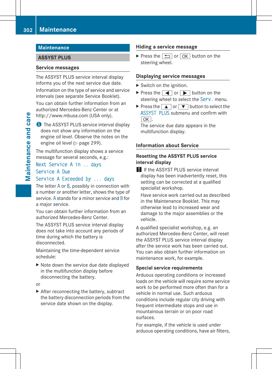 Maintenance, Assyst plus, Maintenance and care | Mercedes-Benz CLS-Class 2013 Owners Manual User Manual | Page 304 / 376