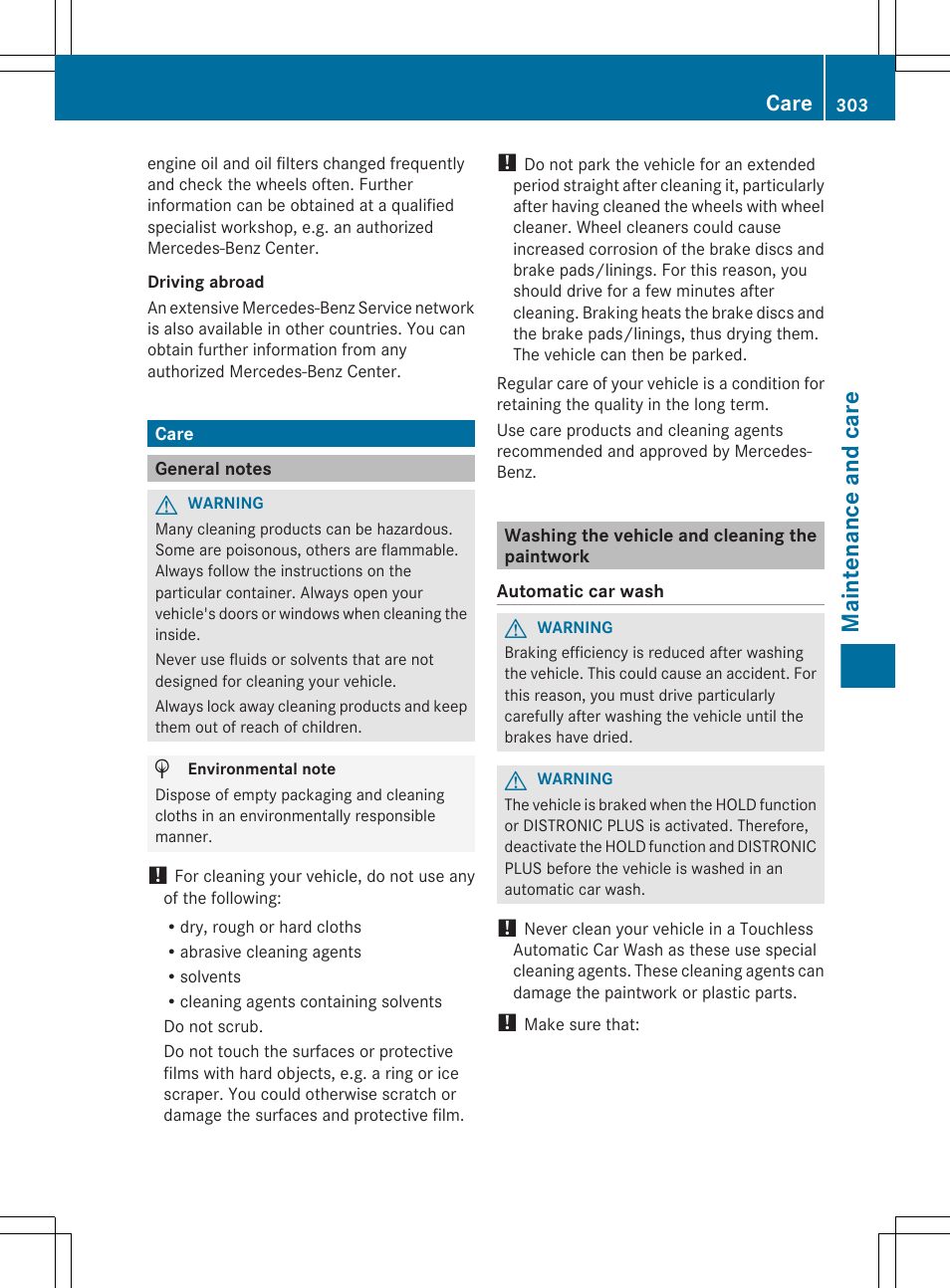 Care, General notes, Washing the vehicle and cleaning the paintwork | Maintenance and care | Mercedes-Benz CLS-Class 2013 Owners Manual User Manual | Page 305 / 376