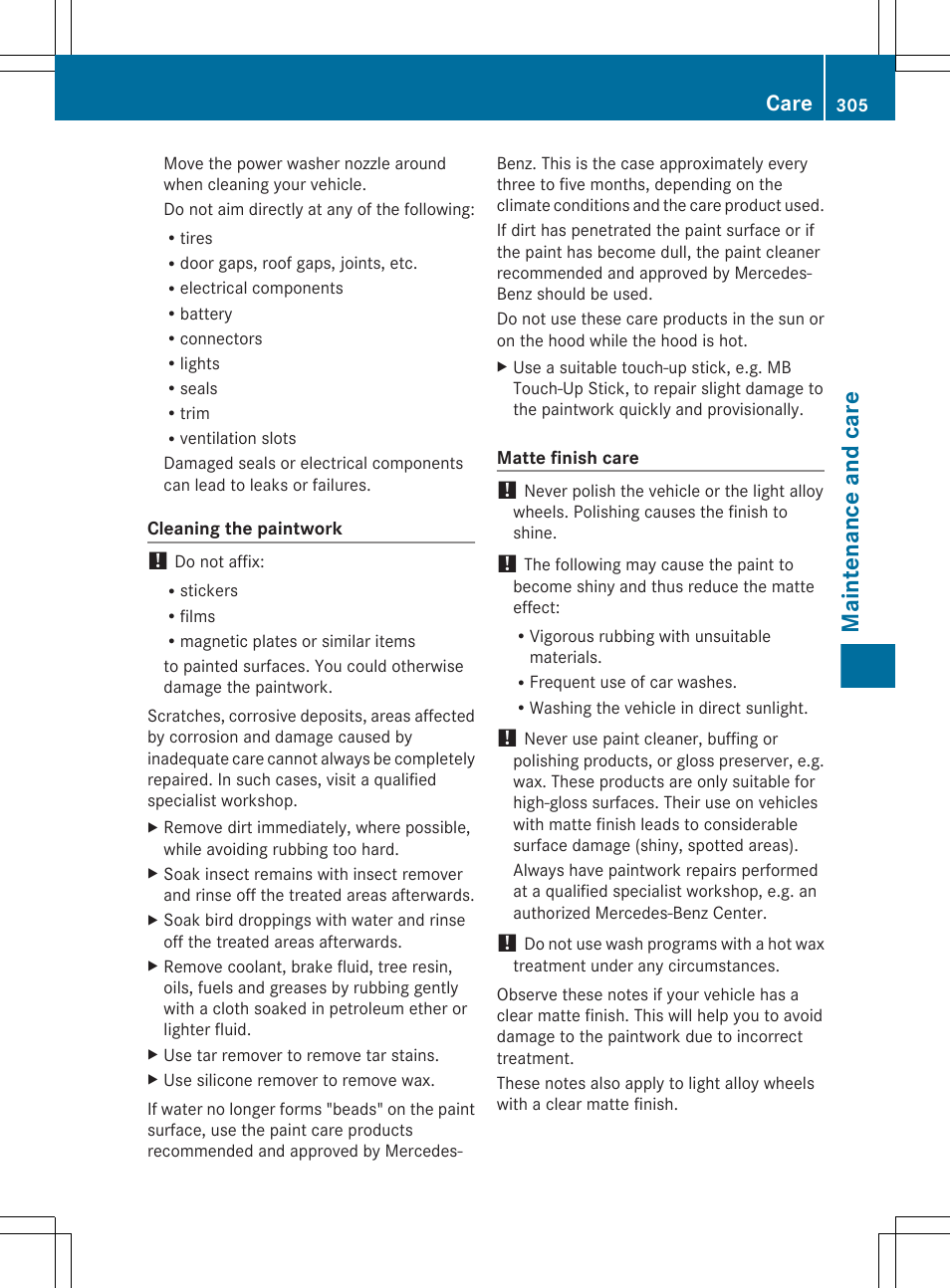 Maintenance and care, Care | Mercedes-Benz CLS-Class 2013 Owners Manual User Manual | Page 307 / 376