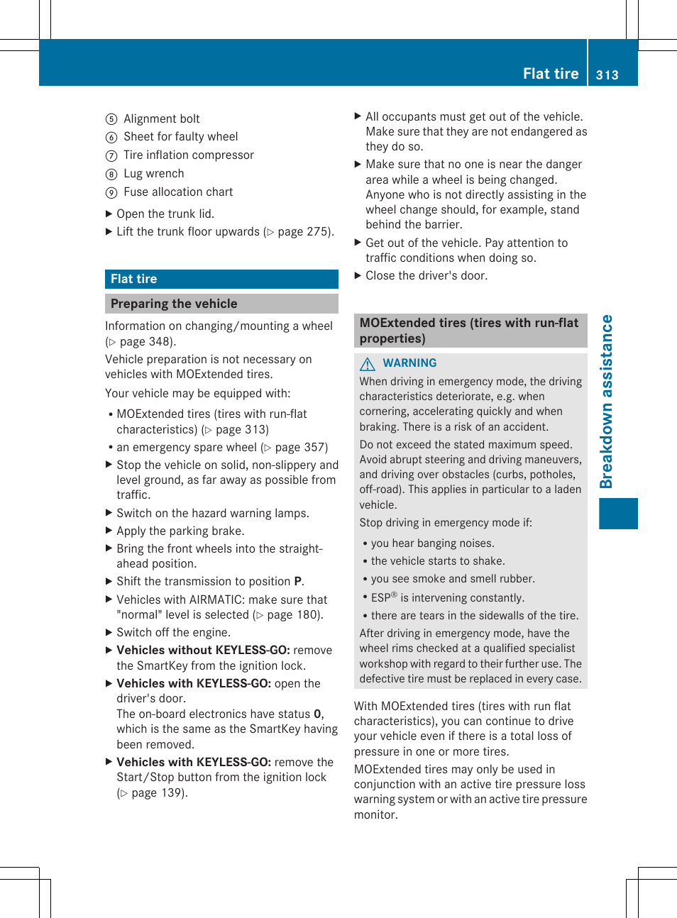 Flat tire, Preparing the vehicle, Moextended tires (tires with run-flat properties) | Breakdown assistance | Mercedes-Benz CLS-Class 2013 Owners Manual User Manual | Page 315 / 376