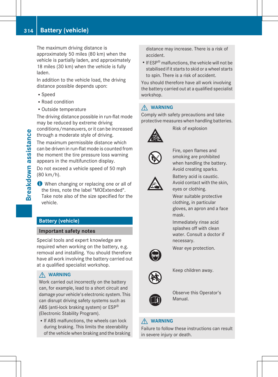 Battery (vehicle), Important safety notes, Breakdown assistance | Mercedes-Benz CLS-Class 2013 Owners Manual User Manual | Page 316 / 376