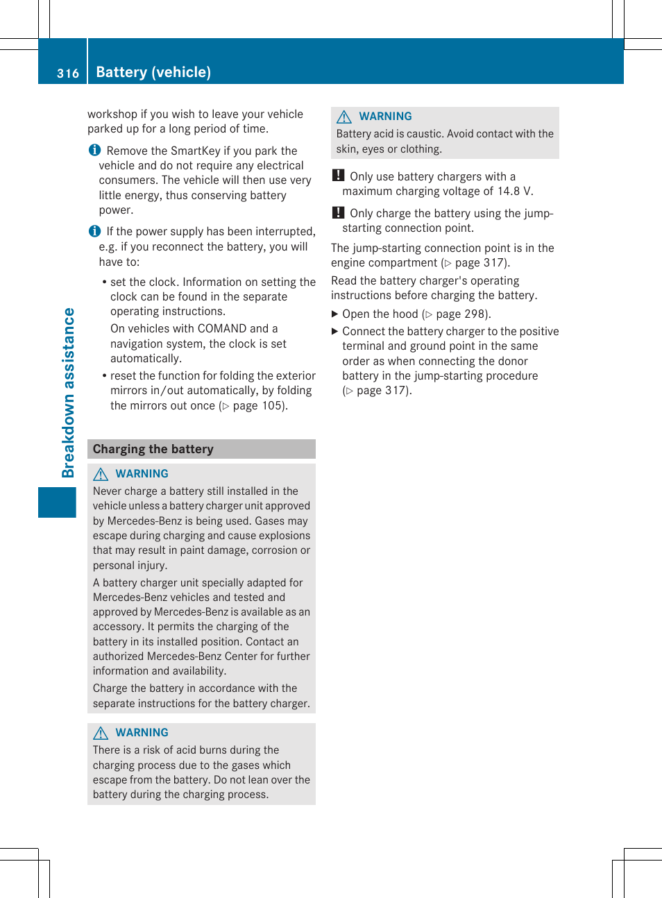 Charging the battery, Breakdown assistance, Battery (vehicle) | Mercedes-Benz CLS-Class 2013 Owners Manual User Manual | Page 318 / 376