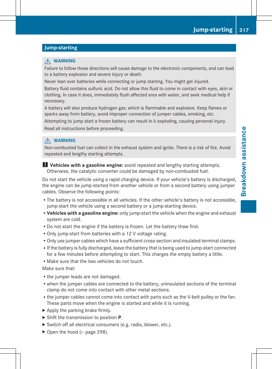 Jump-starting, Breakdown assistance | Mercedes-Benz CLS-Class 2013 Owners Manual User Manual | Page 319 / 376
