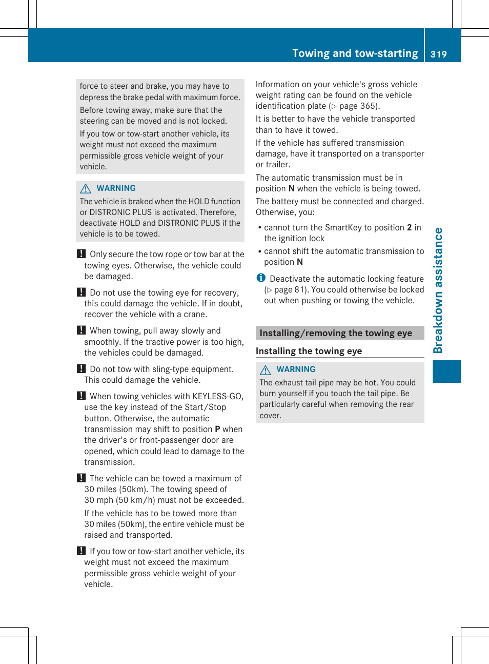 Installing/removing the towing eye, Breakdown assistance, Towing and tow-starting | Mercedes-Benz CLS-Class 2013 Owners Manual User Manual | Page 321 / 376