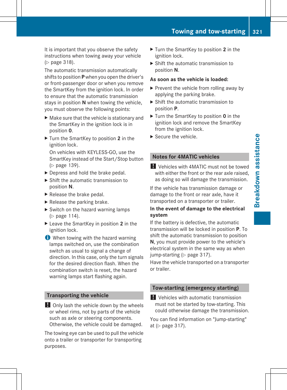 Transporting the vehicle, Notes for 4matic vehicles, Tow-starting (emergency starting) | Breakdown assistance, Towing and tow-starting | Mercedes-Benz CLS-Class 2013 Owners Manual User Manual | Page 323 / 376