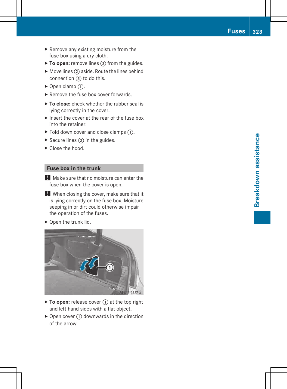 Fuse box in the trunk, Breakdown assistance, Fuses | Mercedes-Benz CLS-Class 2013 Owners Manual User Manual | Page 325 / 376