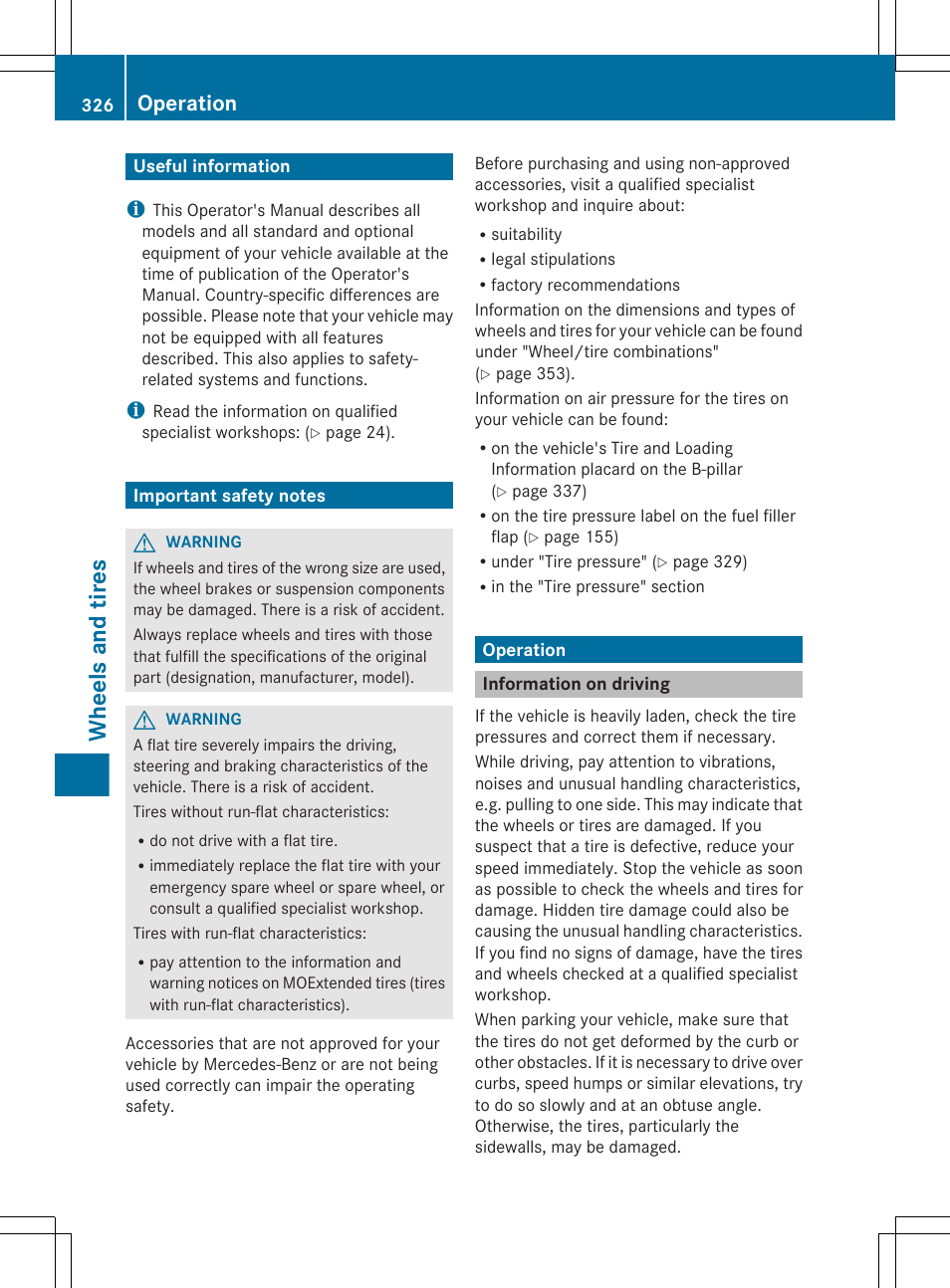 Wheels and tires, Useful information, Important safety notes | Operation, Information on driving | Mercedes-Benz CLS-Class 2013 Owners Manual User Manual | Page 328 / 376