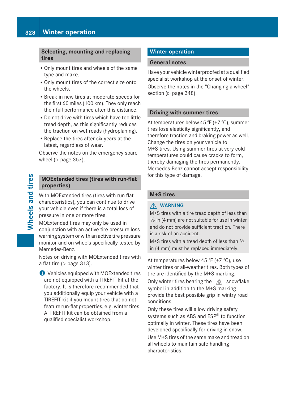 Selecting, mounting and replacing tires, Moextended tires (tires with run-flat properties), Winter operation | General notes, Driving with summer tires, M+s tires, Wheels and tires | Mercedes-Benz CLS-Class 2013 Owners Manual User Manual | Page 330 / 376