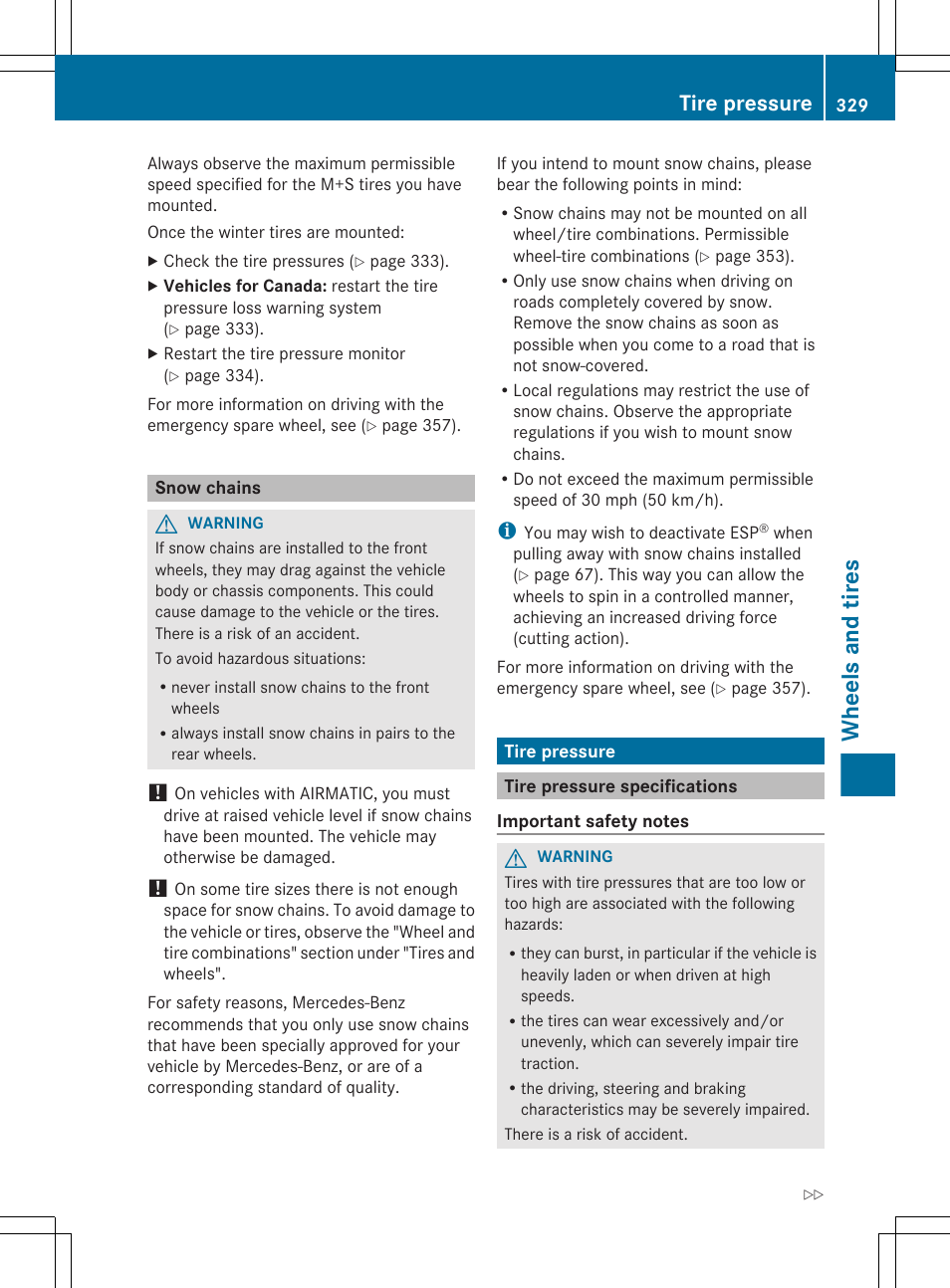 Snow chains, Tire pressure, Tire pressure specifications | Wheels and tires | Mercedes-Benz CLS-Class 2013 Owners Manual User Manual | Page 331 / 376