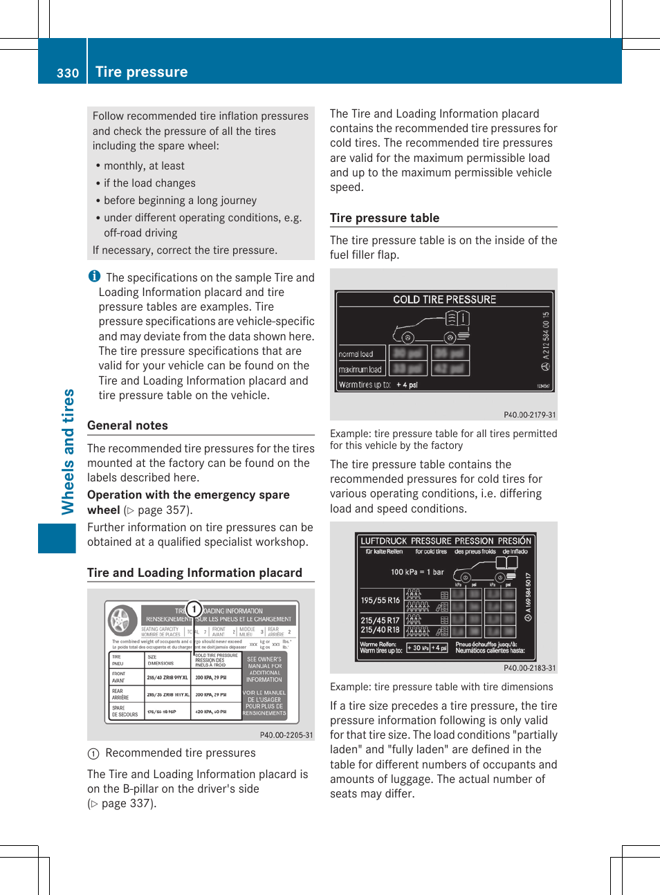 Wheels and tires, Tire pressure | Mercedes-Benz CLS-Class 2013 Owners Manual User Manual | Page 332 / 376