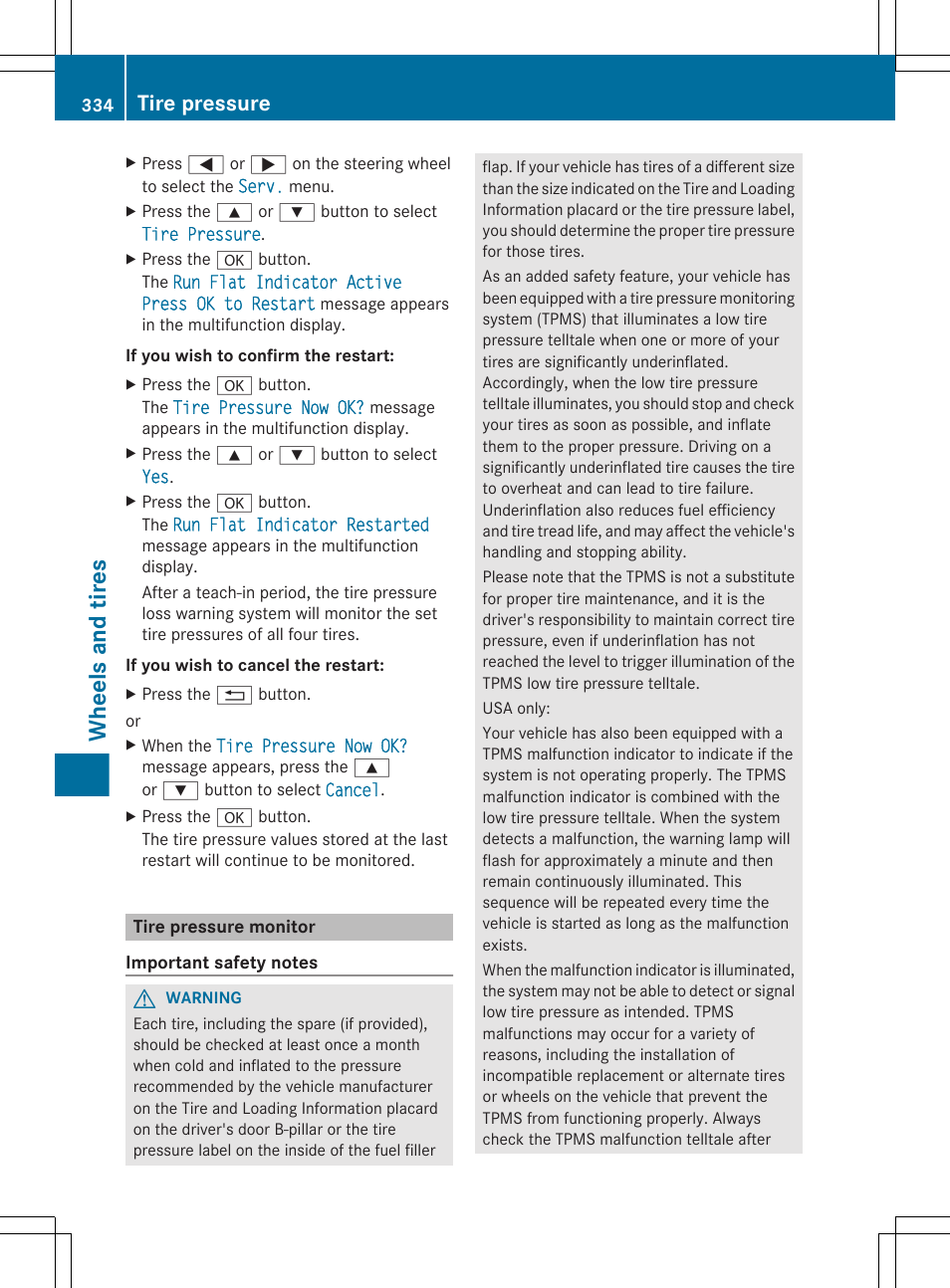 Tire pressure monitor, Wheels and tires, Tire pressure | Mercedes-Benz CLS-Class 2013 Owners Manual User Manual | Page 336 / 376