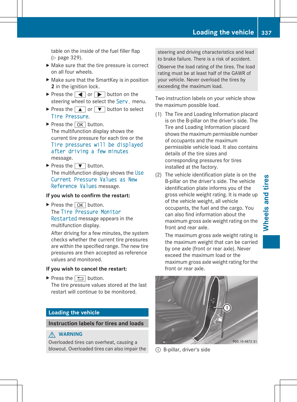 Loading the vehicle, Instruction labels for tires and loads, Wheels and tires | Mercedes-Benz CLS-Class 2013 Owners Manual User Manual | Page 339 / 376