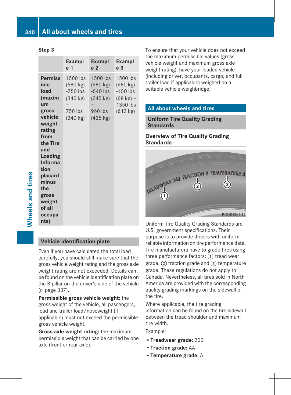 Vehicle identification plate, All about wheels and tires, Uniform tire quality grading standards | Wheels and tires | Mercedes-Benz CLS-Class 2013 Owners Manual User Manual | Page 342 / 376